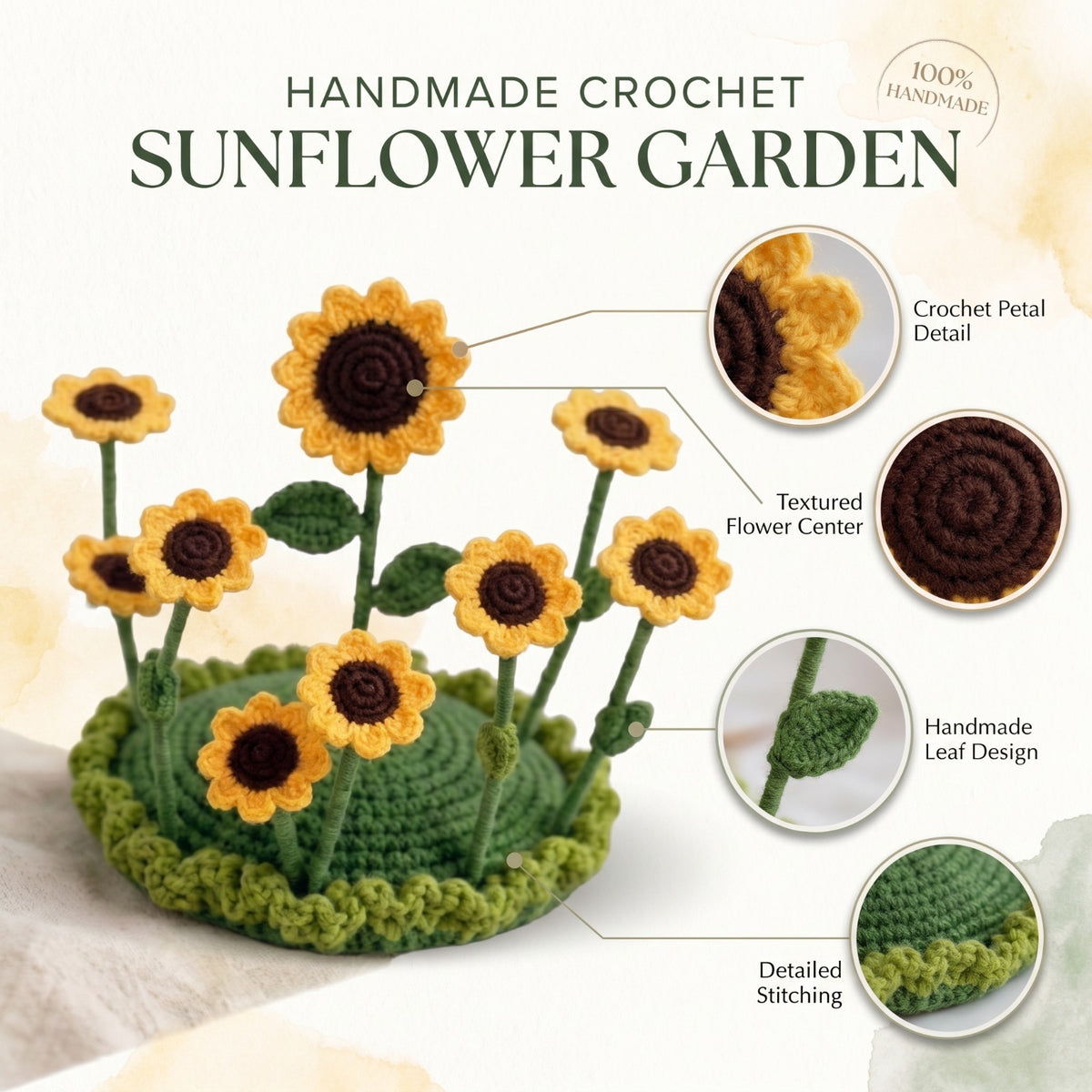 Handmade Crochet Magic Cup Coaster with Red Roses and Green Leaves, Mini Garden Design