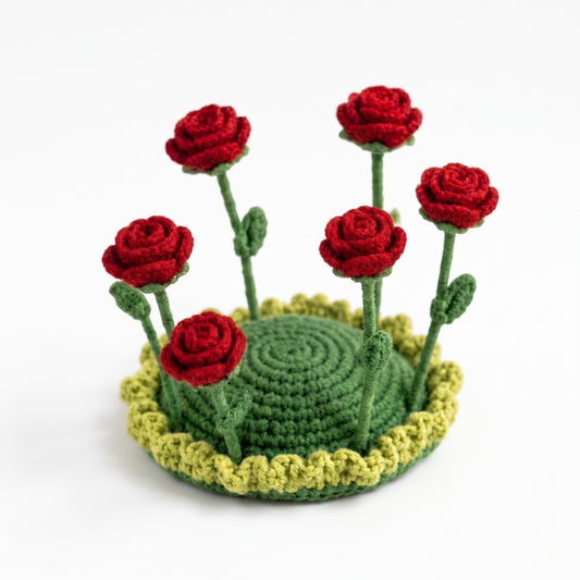 Handmade Crochet Magic Cup Coaster with Red Roses and Green Leaves, Mini Garden Design