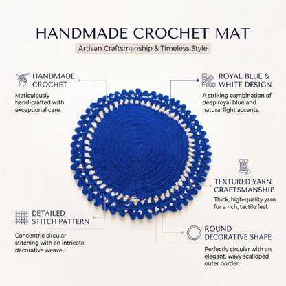 Handmade Crochet Round Table Mat in Blue and Cream with Decorative Scalloped Edge