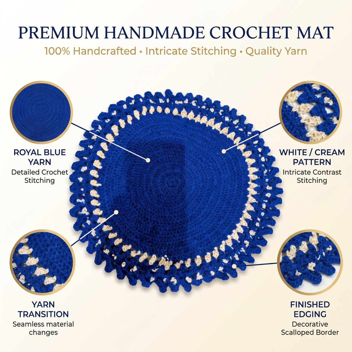 Handmade Crochet Round Table Mat in Blue and Cream with Decorative Scalloped Edge