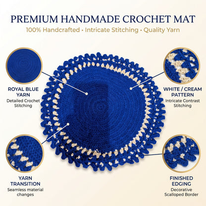 Handmade Crochet Round Table Mat in Blue and Cream with Decorative Scalloped Edge