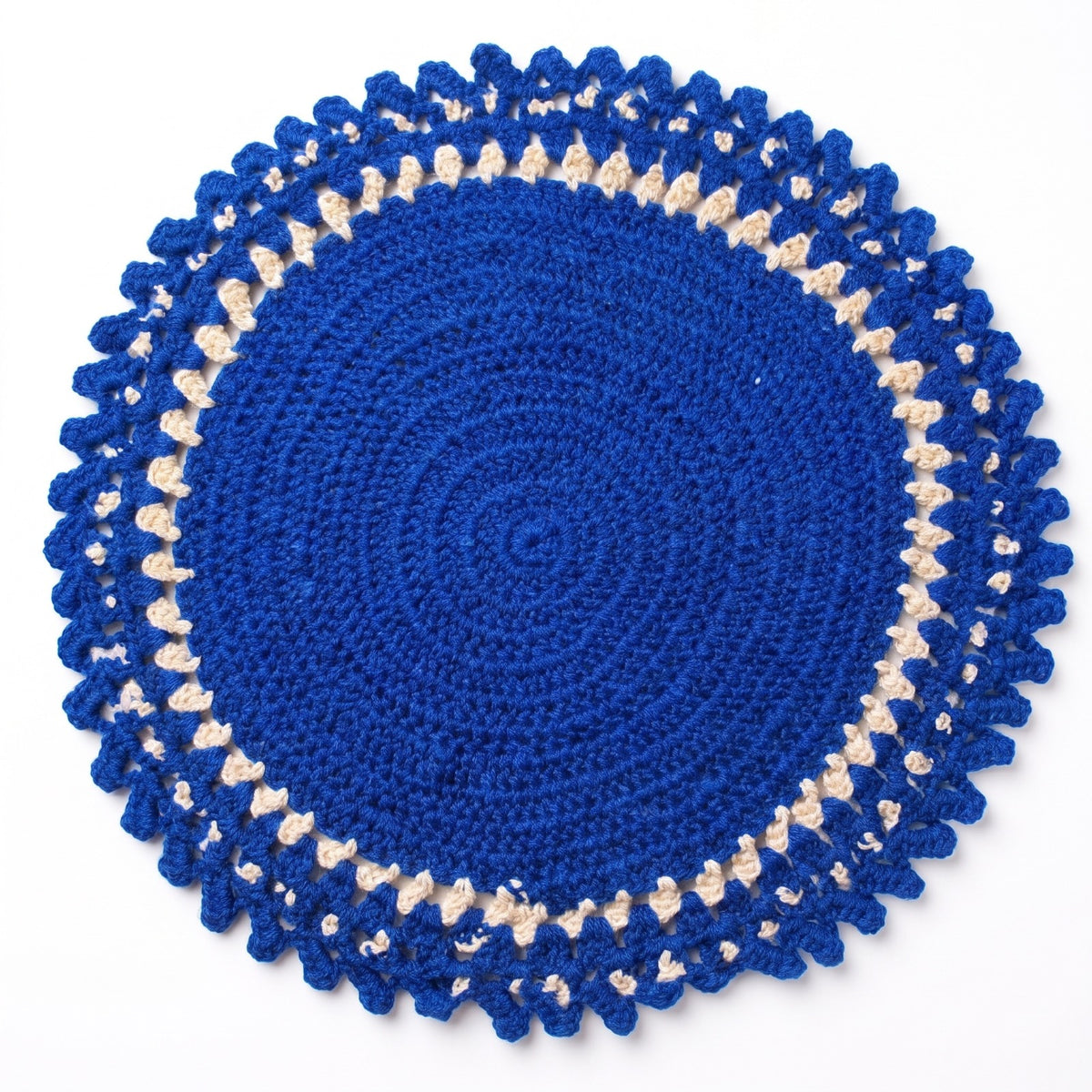 Handmade Crochet Round Table Mat in Blue and Cream with Decorative Scalloped Edge