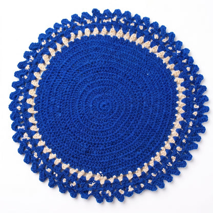 Handmade Crochet Round Table Mat in Blue and Cream with Decorative Scalloped Edge