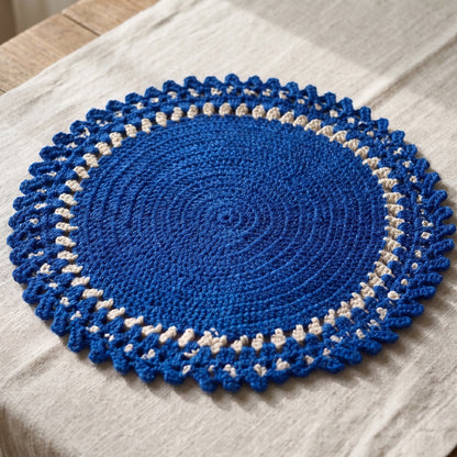 Handmade Crochet Round Table Mat in Blue and Cream with Decorative Scalloped Edge