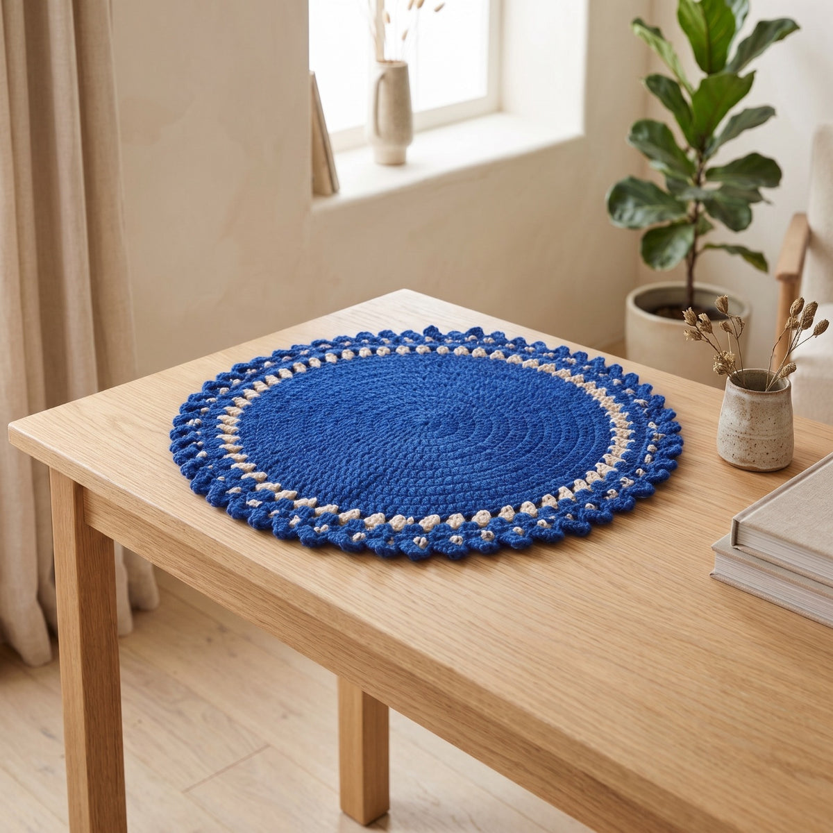 Handmade Crochet Round Table Mat in Blue and Cream with Decorative Scalloped Edge