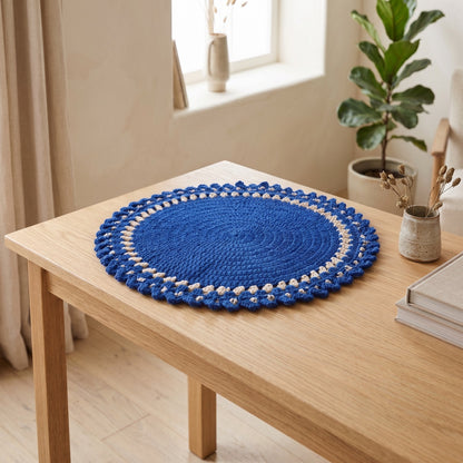 Handmade Crochet Round Table Mat in Blue and Cream with Decorative Scalloped Edge