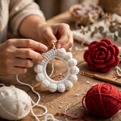 Handmade Crochet Bridal Gajra in Maroon Rose and White Jasmine-Style Flowers