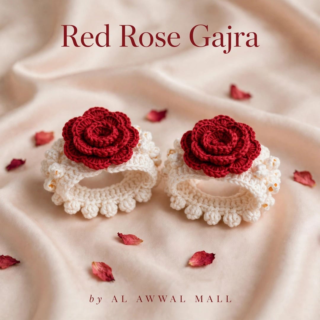 Handmade Crochet Bridal Gajra in Maroon Rose and White Jasmine-Style Flowers