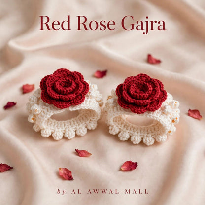 Handmade Crochet Bridal Gajra in Maroon Rose and White Jasmine-Style Flowers