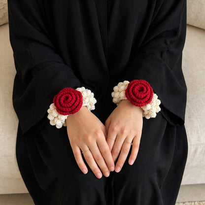 Handmade Crochet Bridal Gajra in Maroon Rose and White Jasmine-Style Flowers