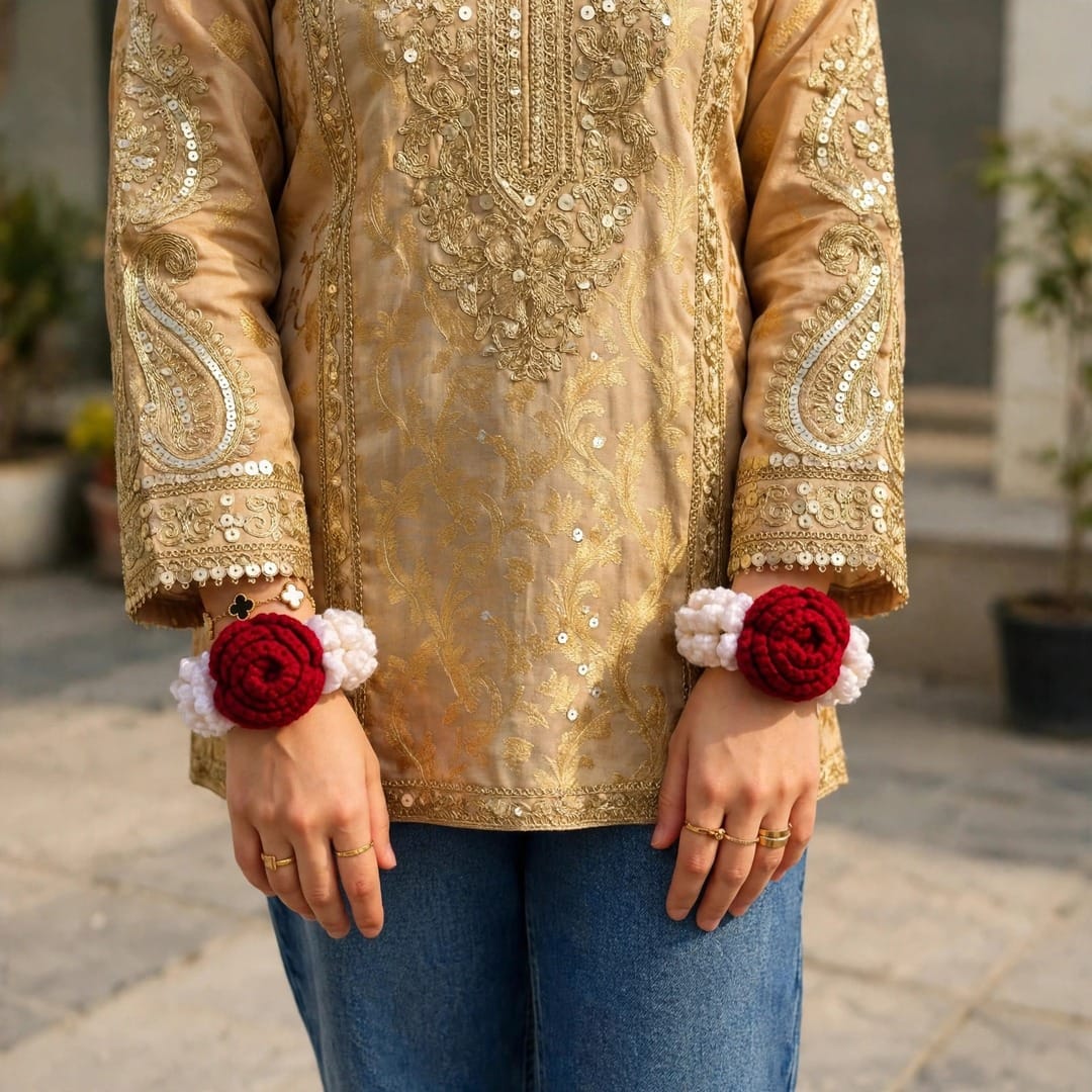 Handmade Crochet Bridal Gajra in Maroon Rose and White Jasmine-Style Flowers