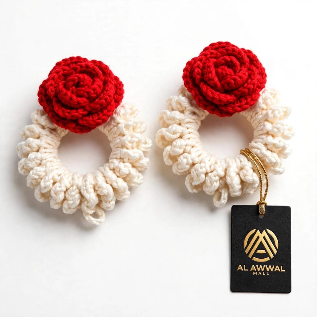 Handmade Crochet Bridal Gajra in Maroon Rose and White Jasmine-Style Flowers