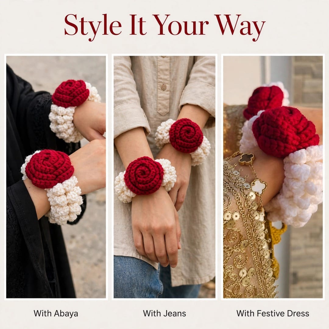 Handmade Crochet Bridal Gajra in Maroon Rose and White Jasmine-Style Flowers