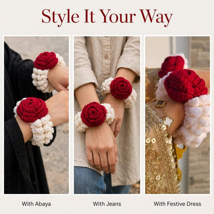 Handmade Crochet Bridal Gajra in Maroon Rose and White Jasmine-Style Flowers