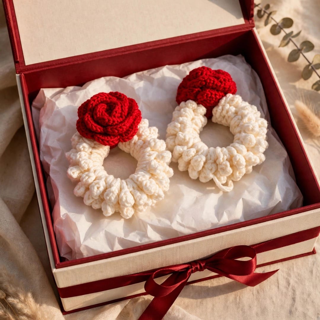 Handmade Crochet Bridal Gajra in Maroon Rose and White Jasmine-Style Flowers