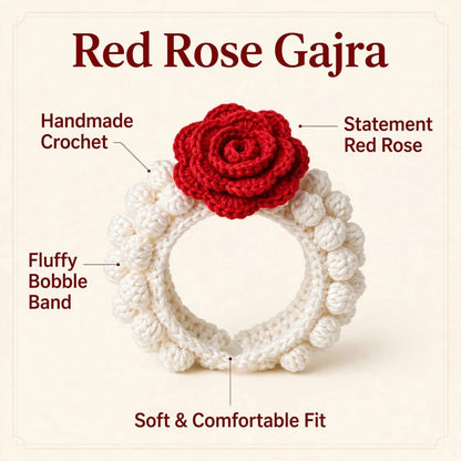 Handmade Crochet Bridal Gajra in Maroon Rose and White Jasmine-Style Flowers