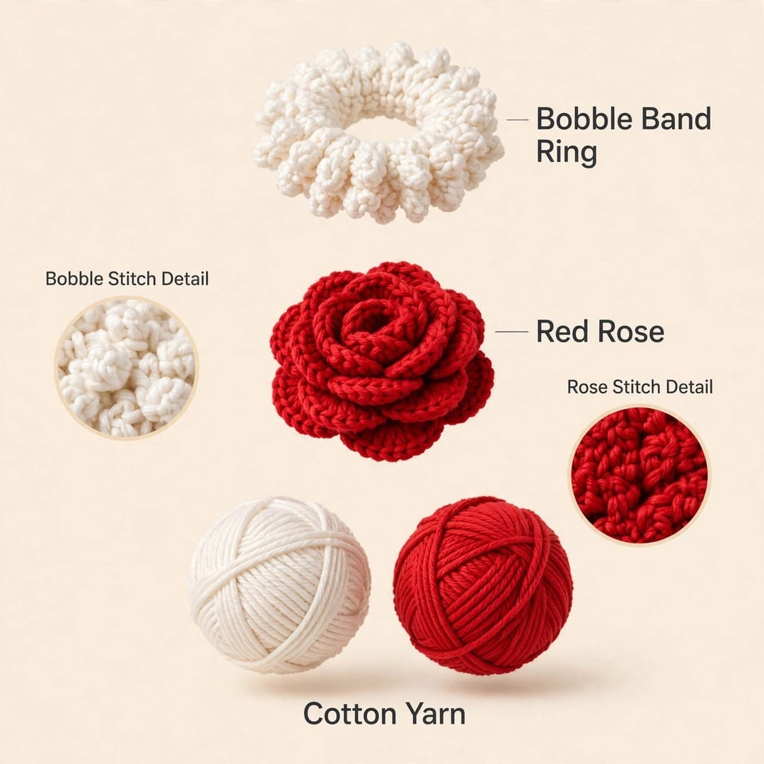 Handmade Crochet Bridal Gajra in Maroon Rose and White Jasmine-Style Flowers
