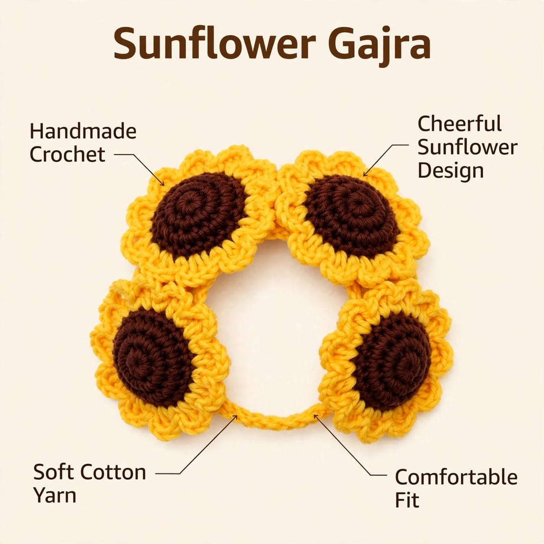 Handmade Crochet Bridal Gajra with Yellow Sunflowers and Brown Centers