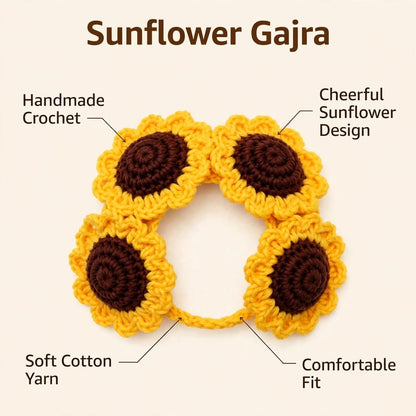 Handmade Crochet Bridal Gajra with Yellow Sunflowers and Brown Centers
