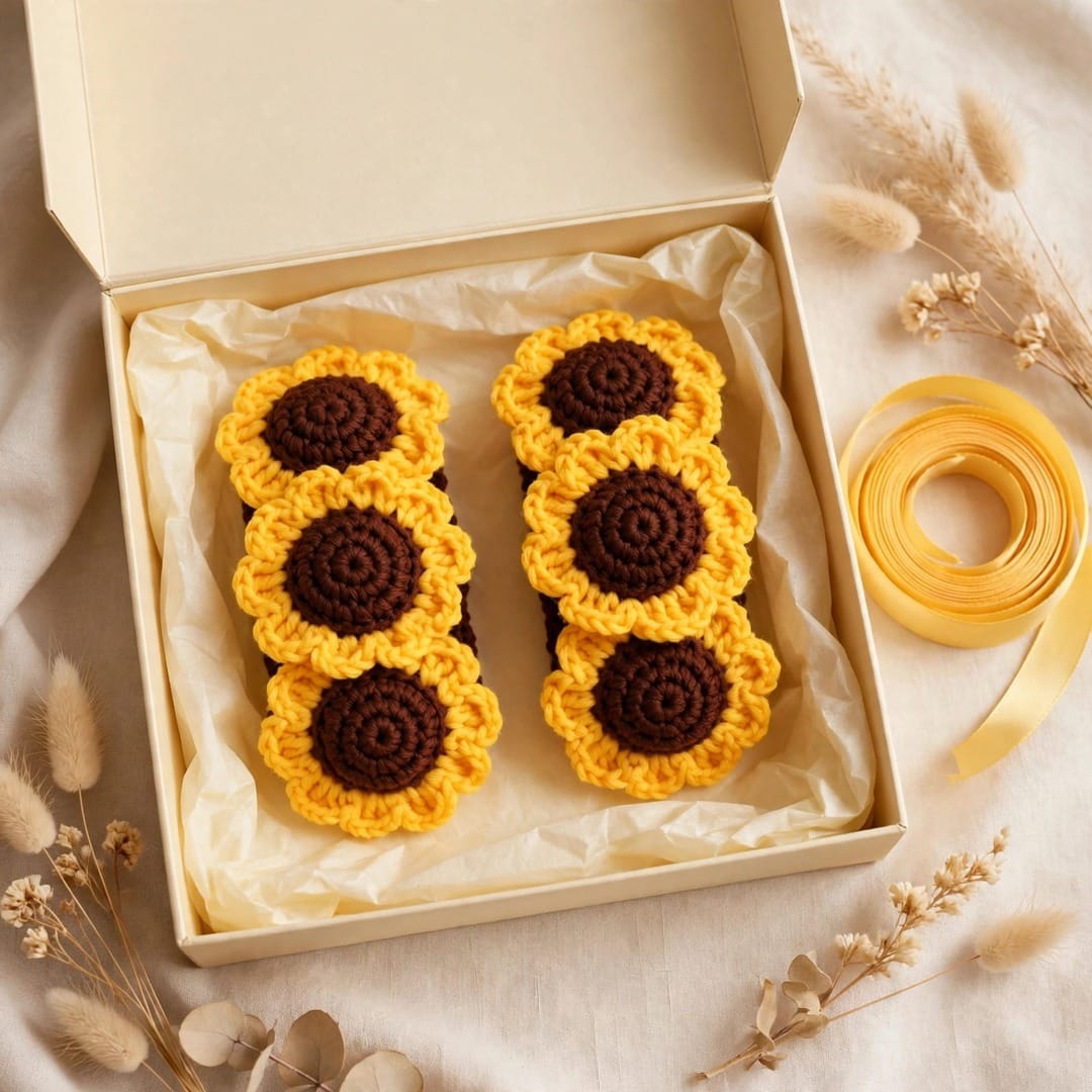 Handmade Crochet Bridal Gajra with Yellow Sunflowers and Brown Centers