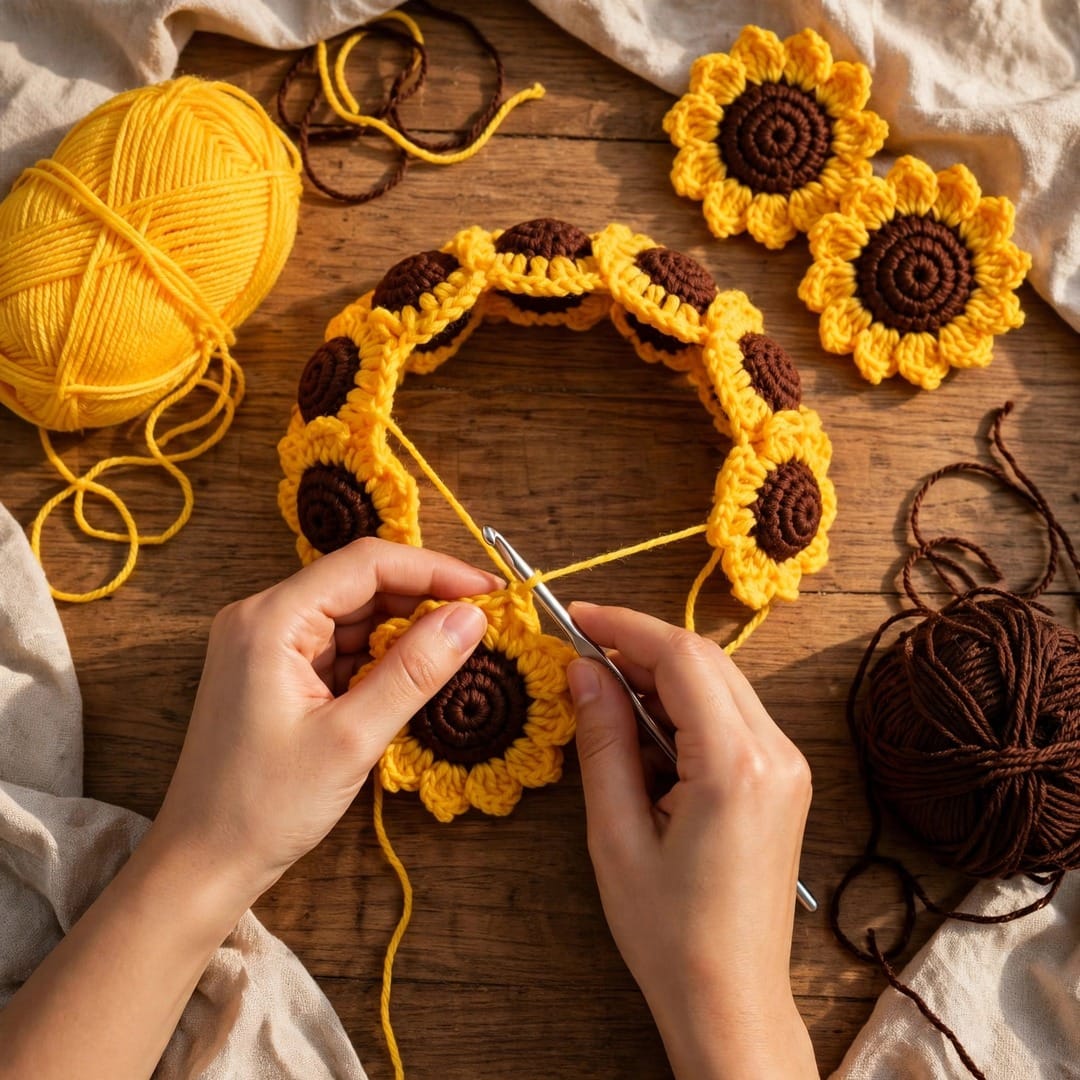 Handmade Crochet Bridal Gajra with Yellow Sunflowers and Brown Centers