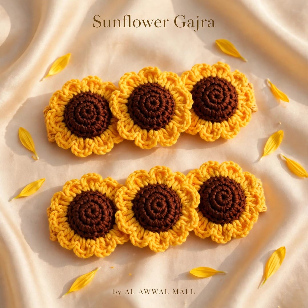 Handmade Crochet Bridal Gajra with Yellow Sunflowers and Brown Centers