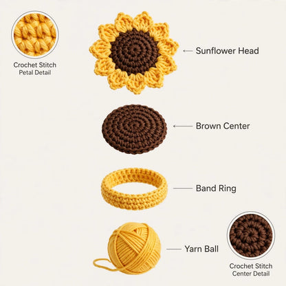 Handmade Crochet Bridal Gajra with Yellow Sunflowers and Brown Centers