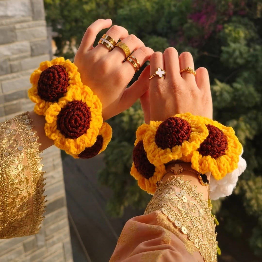 Handmade Crochet Bridal Gajra with Yellow Sunflowers and Brown Centers