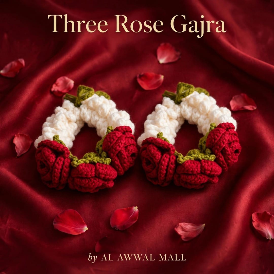 Handmade Crochet Bridal Gajra with Red Roses, White Jasmine-Style Flowers and Green Leaves