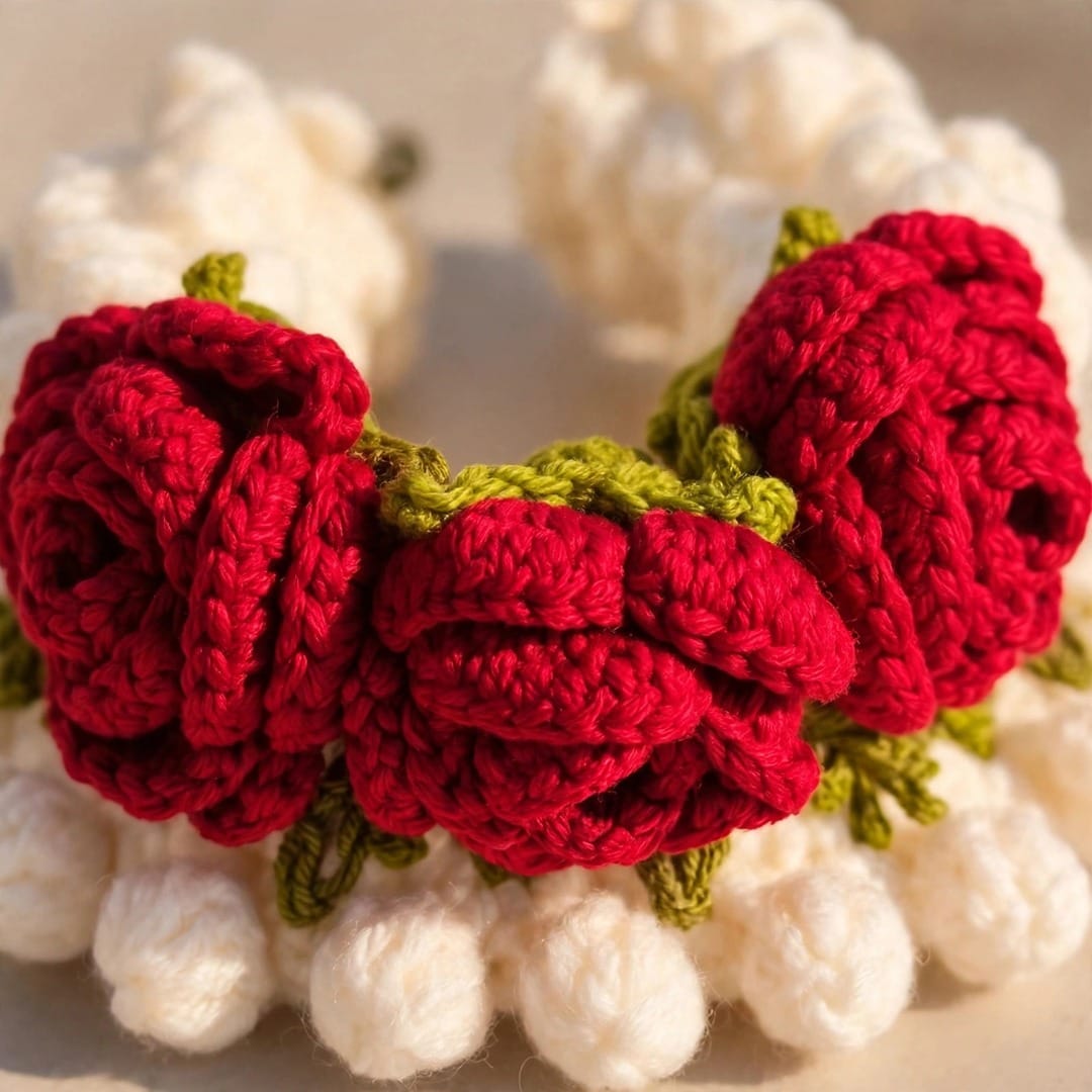 Handmade Crochet Bridal Gajra with Red Roses, White Jasmine-Style Flowers and Green Leaves