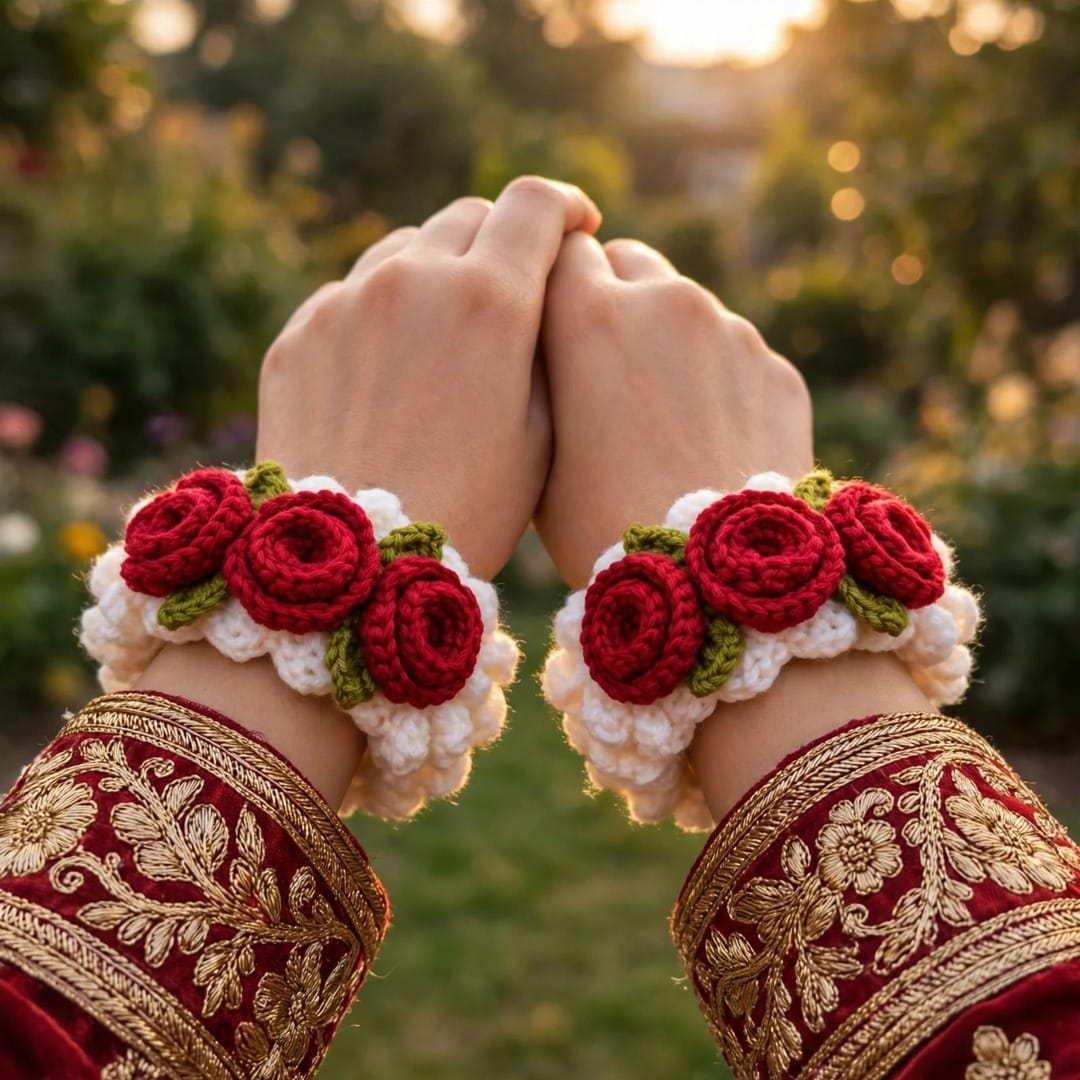 Handmade Crochet Bridal Gajra with Red Roses, White Jasmine-Style Flowers and Green Leaves