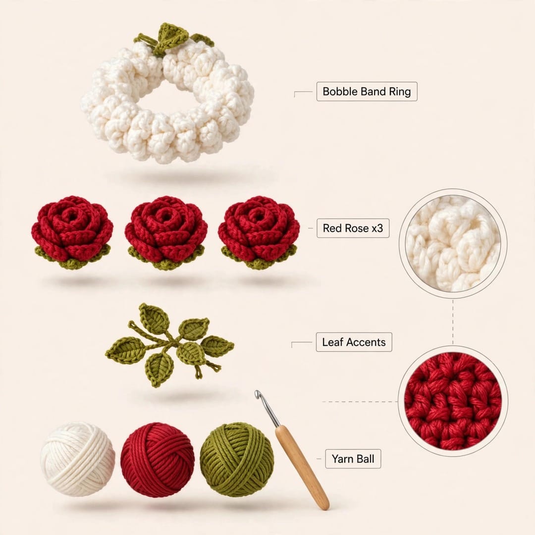 Handmade Crochet Bridal Gajra with Red Roses, White Jasmine-Style Flowers and Green Leaves