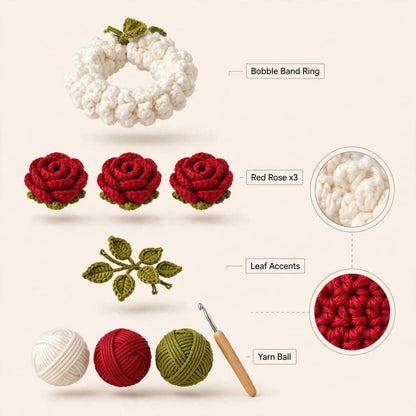 Handmade Crochet Bridal Gajra with Red Roses, White Jasmine-Style Flowers and Green Leaves