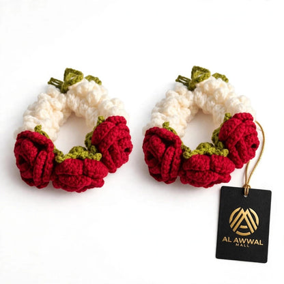 Handmade Crochet Bridal Gajra with Red Roses, White Jasmine-Style Flowers and Green Leaves