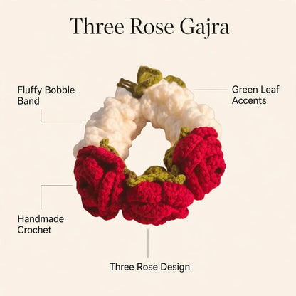 Handmade Crochet Bridal Gajra with Red Roses, White Jasmine-Style Flowers and Green Leaves