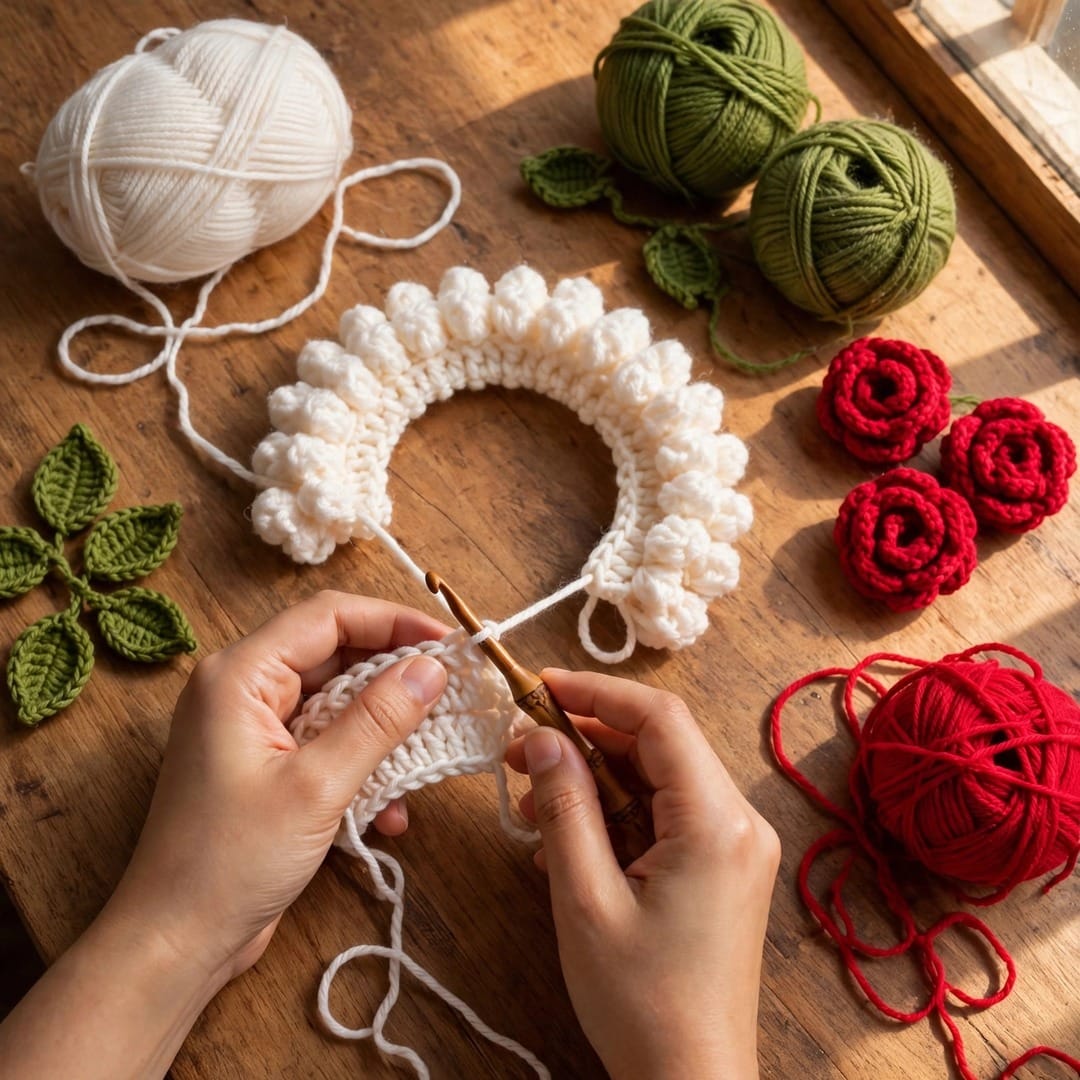 Handmade Crochet Bridal Gajra with Red Roses, White Jasmine-Style Flowers and Green Leaves