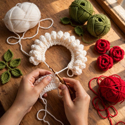 Handmade Crochet Bridal Gajra with Red Roses, White Jasmine-Style Flowers and Green Leaves