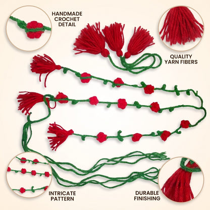 Handmade Crochet Paranda with Green Strands, Red Floral Details and Tassels
