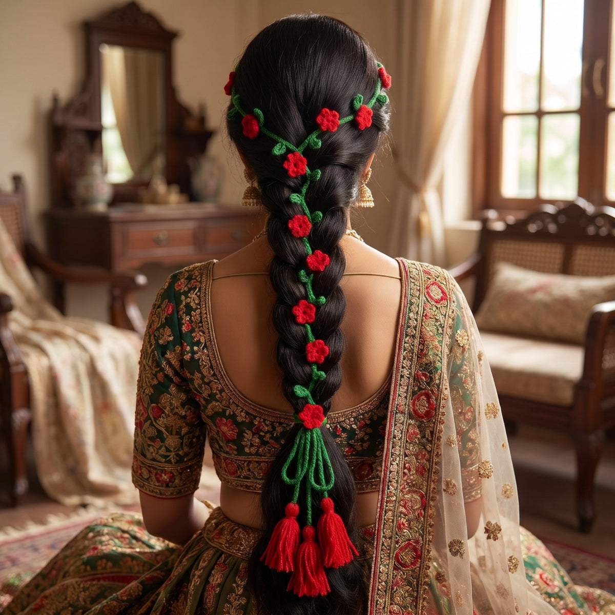 Handmade Crochet Paranda with Green Strands, Red Floral Details and Tassels