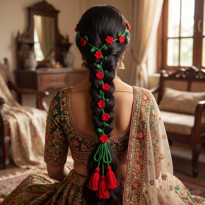 Handmade Crochet Paranda with Green Strands, Red Floral Details and Tassels