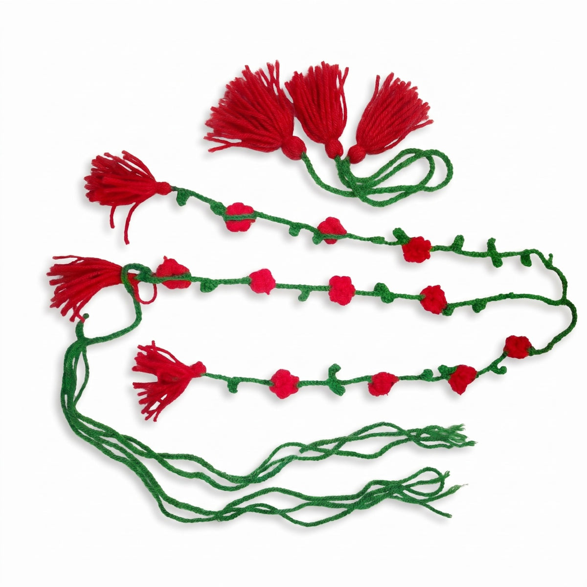 Handmade Crochet Paranda with Green Strands, Red Floral Details and Tassels