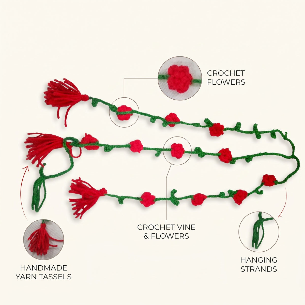 Handmade Crochet Paranda with Green Strands, Red Floral Details and Tassels