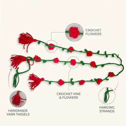 Handmade Crochet Paranda with Green Strands, Red Floral Details and Tassels