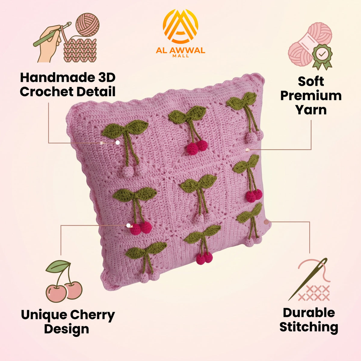 Handmade Crochet Pink Square Cushion Cover with Cherry Motifs