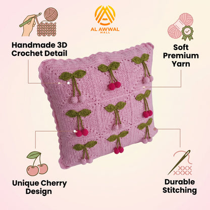 Handmade Crochet Pink Square Cushion Cover with Cherry Motifs