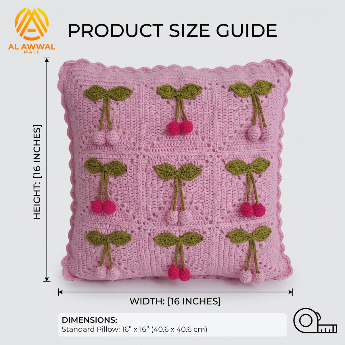 Handmade Crochet Pink Square Cushion Cover with Cherry Motifs