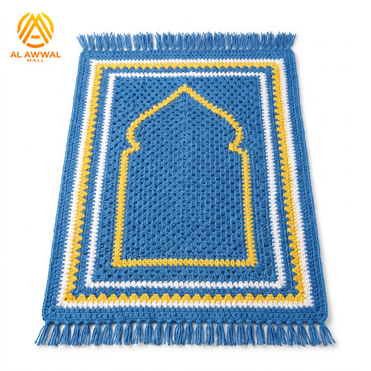 Blue Crochet Prayer Mat with White and Yellow Striped Details and Fringe