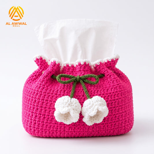 Handmade Crochet Pink Tissue Box Cover with Ruffled Top and White Floral Vine Details