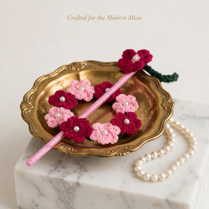 Handmade Crochet Double Flower Bun Stick Pin – Baby Pink, Red & Green Leaf Design