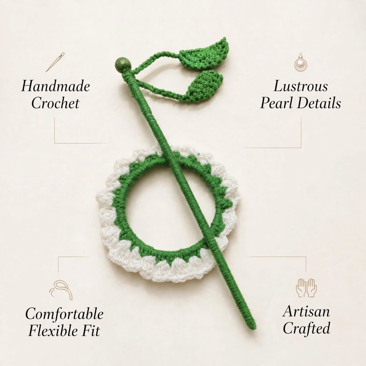 Handmade Crochet White & Green Bun Stick Pin – Floral Ring & Leaf Details